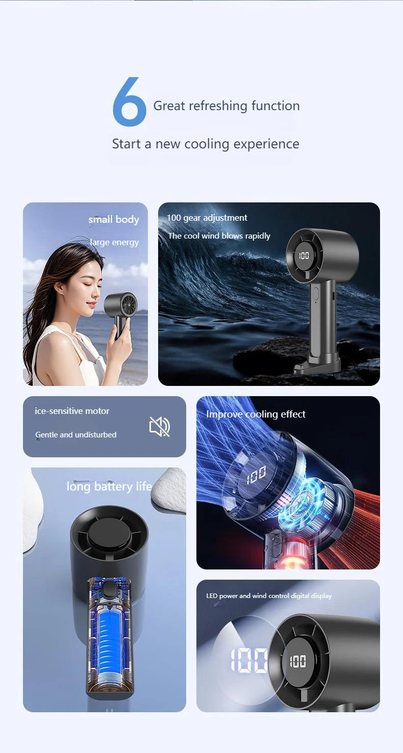 Portable Mini Handheld Fan with LED Display Semiconductor Refrigeration 100 Speeds USB Rechargeable Battery Outdoor Fan