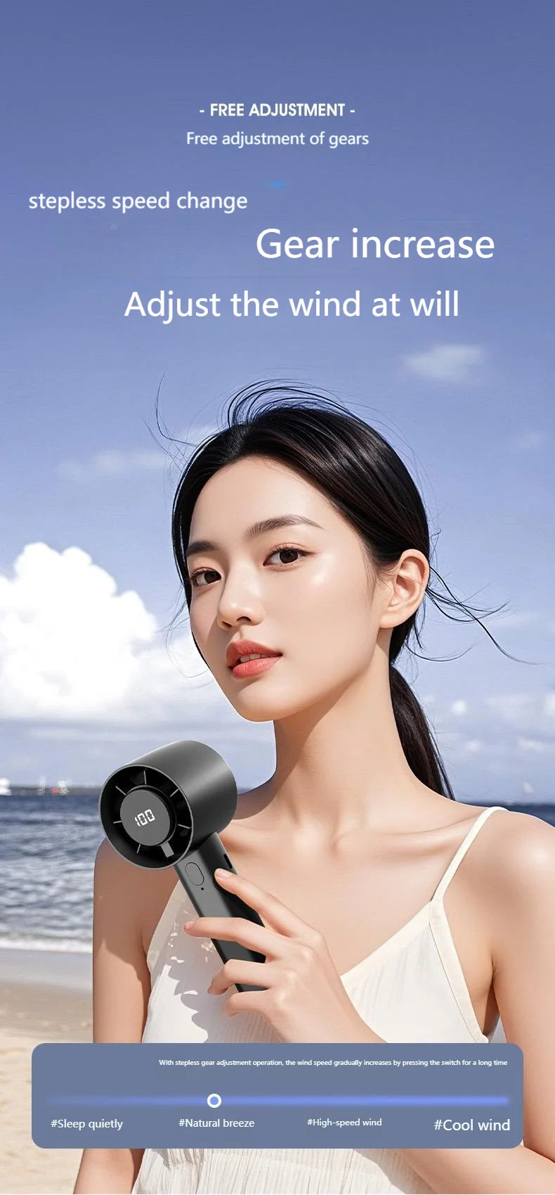 Portable Mini Handheld Fan with LED Display Semiconductor Refrigeration 100 Speeds USB Rechargeable Battery Outdoor Fan